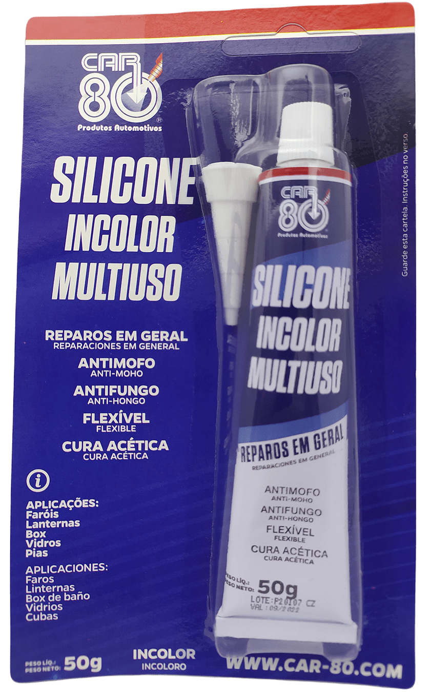 SILICONE  MULTIUSO INCOLOR FIXADOR REPAROS EM GERAL SELANTE FLEXIVEL ANTI MOFO ANTI FUNGO CURA ACETICA APLICACOES EM FAROIS LANTERNAS BOX VIDROS PIAS ETC COM BICO APLICADOR  50G  MARCA SNAP ON CAR80 CAR-SIL-INCOLOR