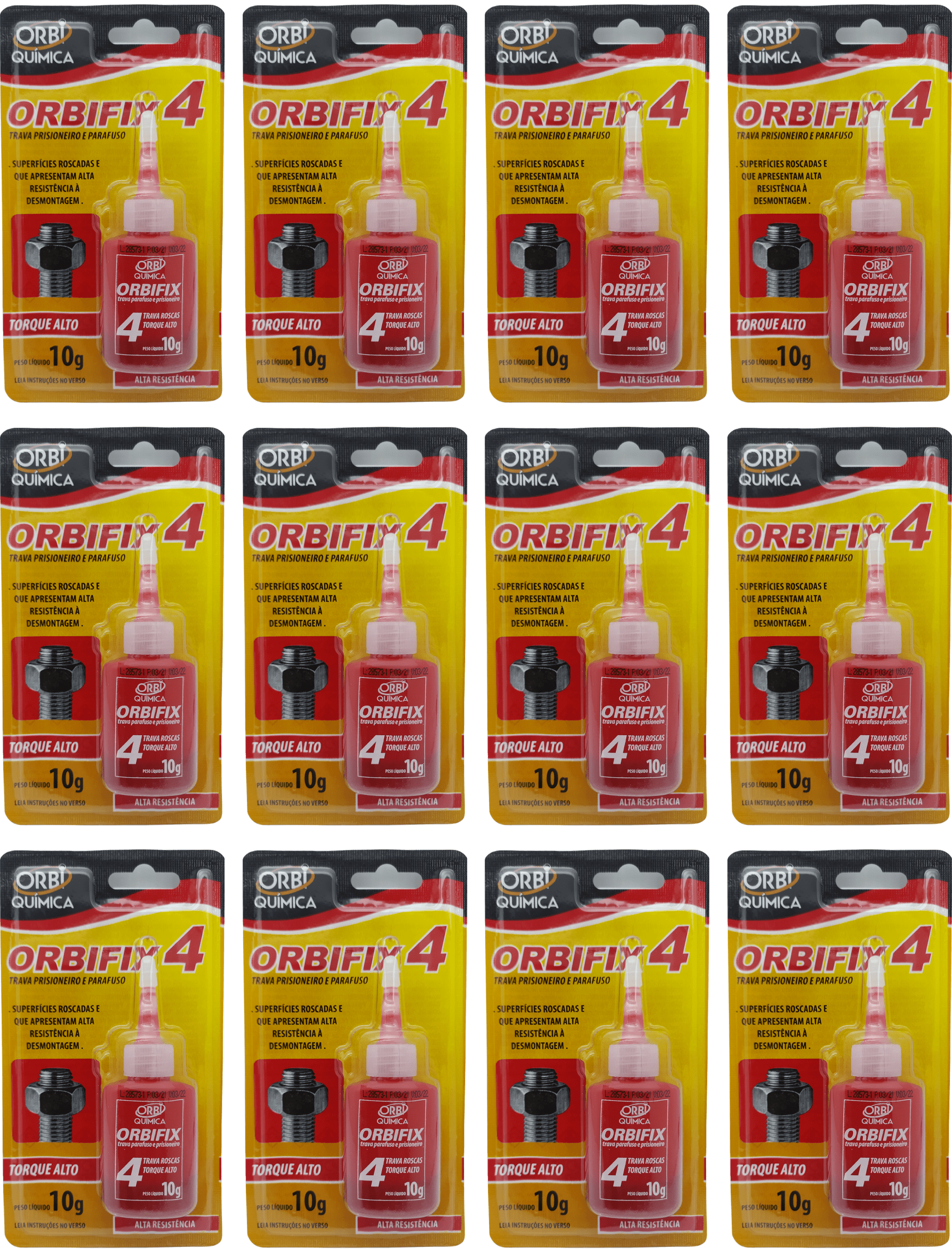 TRAVA PARAFUSO PRISIONEIRO  PORCAS SUPERFICIES ROSCADAS COR VERMELHA PREENCHE AS FOLGAS EXISTENTES ENTRE AS PEÇAS ALTO TORQUE FOLGA MAXIMA 0.20MM DE ALTA RESISTENCIA E VISCOSIDADE A DESMONTAGEM ORBIFIX 4  10G CAIXA C 12 UNIDADES   ATB03711.