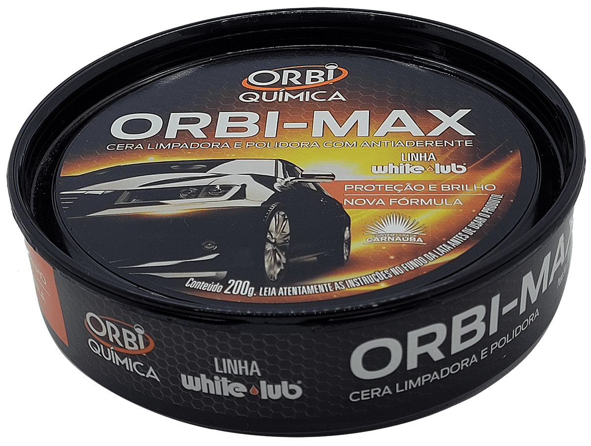 CERA LIMPADORA E POLIDORA COM CARNAUBA E ANTIADERENTE ORBIMAX WHITE LUB PROTEÇAO E BRILHO REMOVE TINTA OXIDADA ,MANCHAS SUJEIRAS  DEIXA UMA CAMADA PROTETORA 200G MARCA ORBI 8910 MAX0047TP LATA