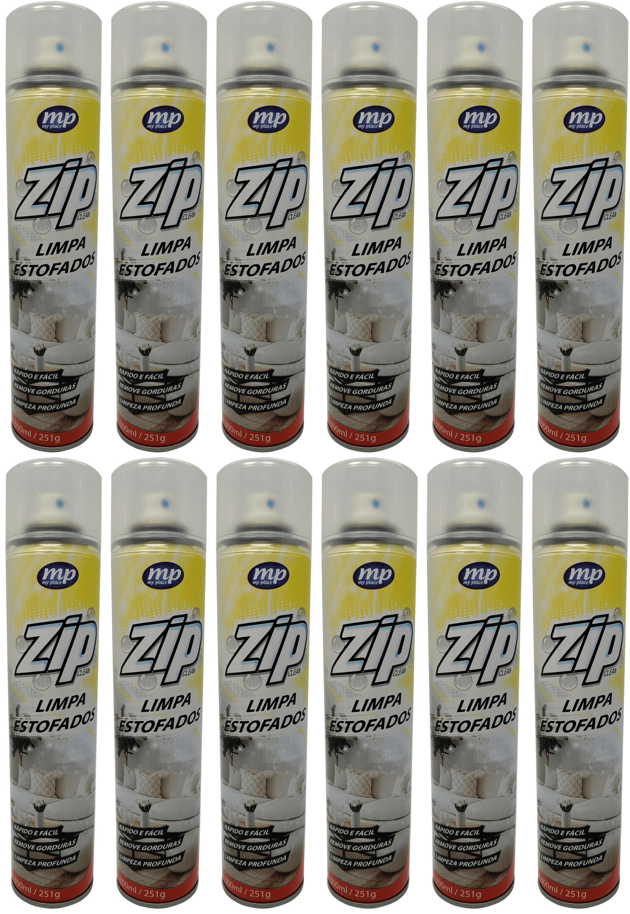 LIMPA ESTOFADO TETO CARPETES DOS VEICULOS E NO LAR  SOFA TAPETES COLCHOES ETC  ZIP CLEAN ESPUMA MAGICA RAPIDO  FACIL  REMOVE GORDURAS LIMPEZA PROFUNDA A SECO AGITE BEM ATES DE USAR 300ML 251G CAIXA COM 12 UNIDADES QMC7025.