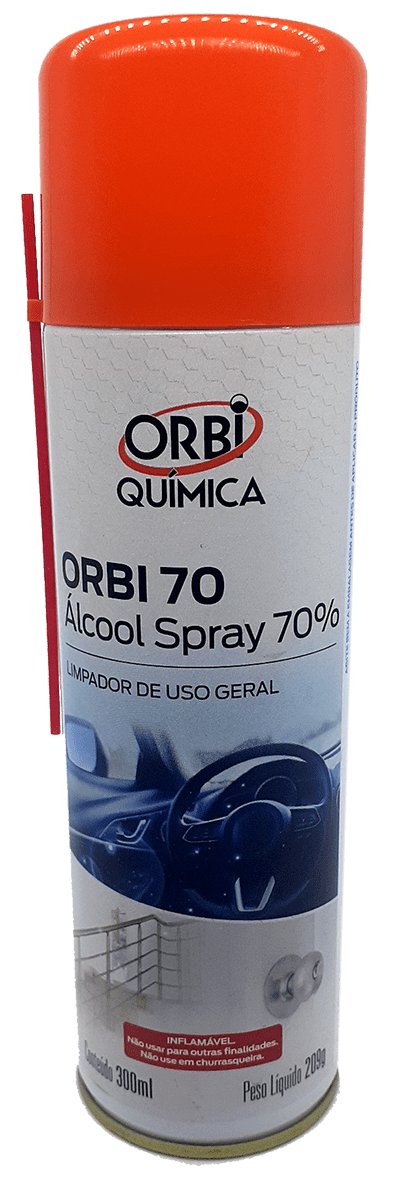 ALCOOL 70%  SPRAY AEROSSOL ANTIBACTERIANA HIGIENIZADOR   LIMPADOR USO GERAL ,DESINFETA BACTERICIDA ,ANTISSEPTICO,MULTIUSO ,FACIL APLICAÇAO INTERIOR DO VEICULO 300ML 209G MARCA ORBI  13601 QMC8139