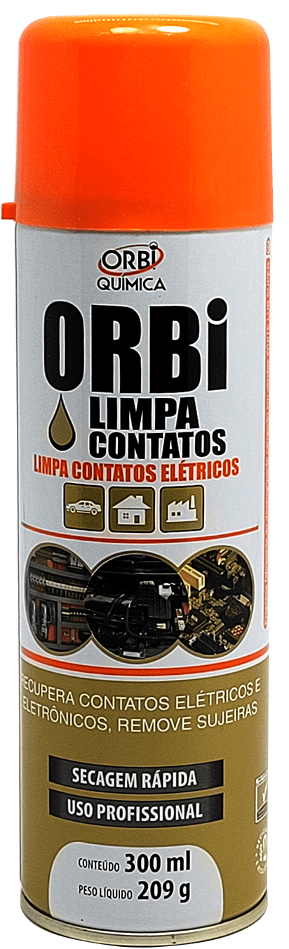 LIMPA CONTATOS ELETRICOS E COMPONENTES  ELETRONICOS DE MOTORES COMPUTADORES IMPRESSORAS CHAVES ELETRICAS POTENCIOMETROS INJEÇAO ELETRONICA EQUIPAMENTO INDUSTRIAL , REMOVE SUJEIRAS SECAGEM RAPIDA 300ML 209G MARCA ORBI  7 ORBI7