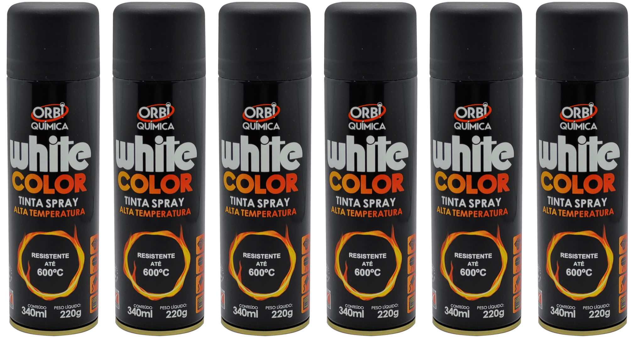TINTA SPRAY ALTA TEMPERATURA PRETO FOSCO WHITE COLOR RESISTENTE ATE 600°C OTIMO RENDIMENTO SECAGEM RAPIDA EXCELENTE COBERTURA  AGITE EMBALAGEM ANTES DE APLICAR  PRODUTO 340ML 220G CAIXA C 06 UNIDADES MARCA ORBI 9870 QMC8114.