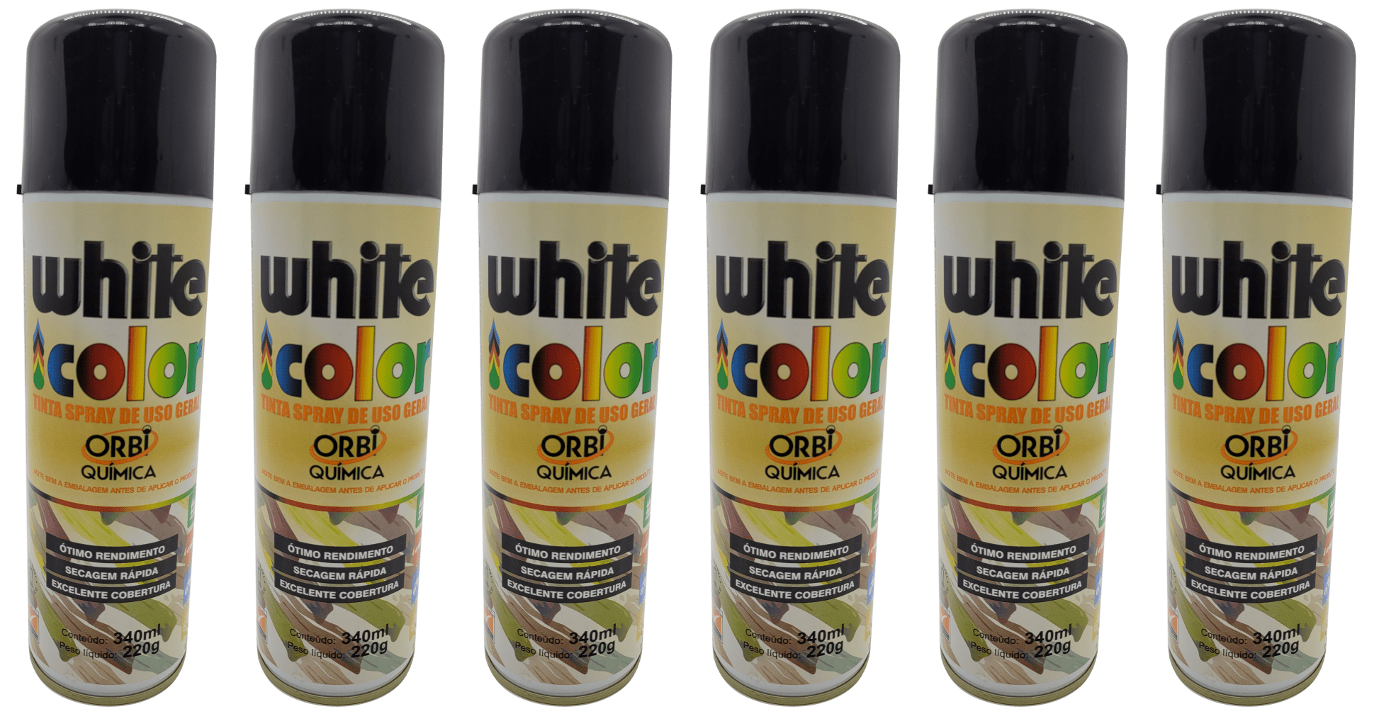 TINTA SPRAY USO GERAL PRETO BRILHANTE WHITE COLOR OTIMO RENDIMENTO SECAGEM RAPIDA EXCELENTE COBERTURA  AGITE BEM A EMBALAGEM ANTES DE APLICAR O PRODUTO 340ML 220G CAIXA COM 06 UNIDADES MARCA ORBI 6692 QMC7056.