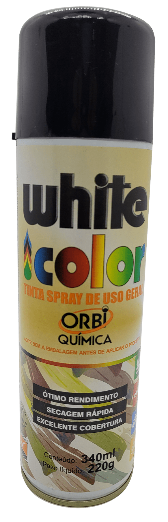 TINTA SPRAY USO GERAL PRETO BRILHANTE WHITE COLOR OTIMO RENDIMENTO SECAGEM RAPIDA EXCELENTE COBERTURA  AGITE BEM A EMBALAGEM ANTES DE APLICAR O PRODUTO 340ML 220G MARCA ORBI 6692 QMC7056