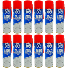 GRAXA BRANCA DE LITIO  SPRAY  ALTO PODER DE LUBRIFICAÇAO  NAO DERRETE NAO SAI C CHUVA  OTIMA ADERENCIA RESISTE A ALTAS TEMPERATURAS PROTEÇAO CONTRA FERRUGEM    300ML 200G CAIXA C 12 UNIDADES MARCA SNAP ON CAR 80 CAR GRAXA SPRAY.