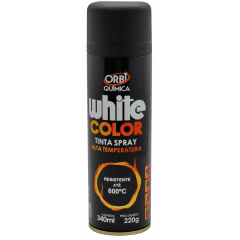 TINTA SPRAY ALTA TEMPERATURA PRETO FOSCO WHITE COLOR RESISTENTE ATE 600°C OTIMO RENDIMENTO SECAGEM RAPIDA EXCELENTE COBERTURA  AGITE BEM A EMBALAGEM ANTES DE APLICAR O PRODUTO 340ML 220G MARCA ORBI 9870 QMC8114